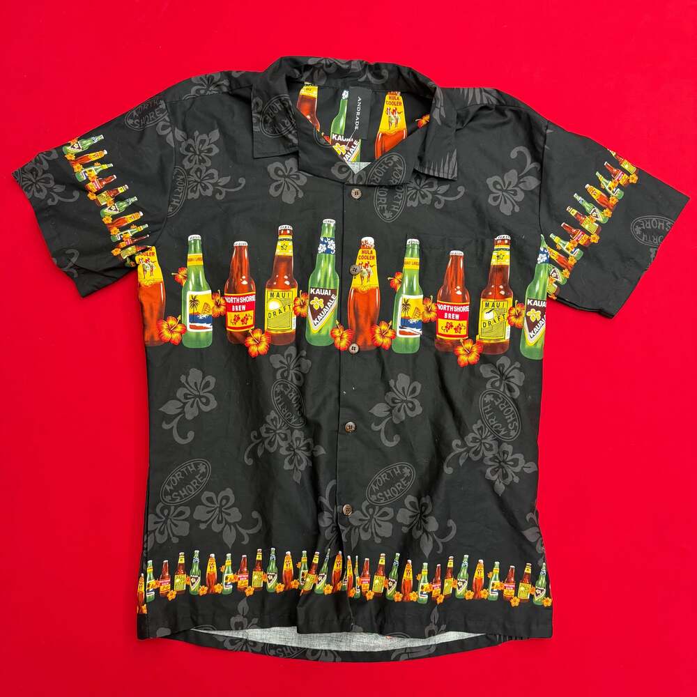 VTG Palmwave Hawaii Mens Shirt XL Black Tropical‎ Beers Allover Aloha Camp 90s
